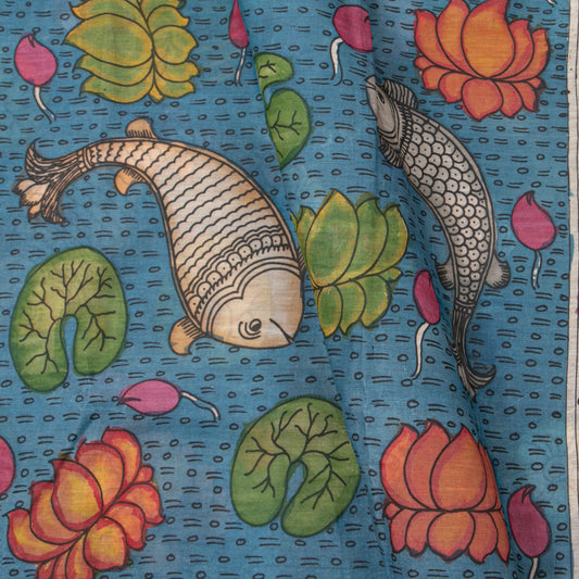 Blue Handpainted Kalamkari Mangalgiri Silk Saree PV KMS SRK 102