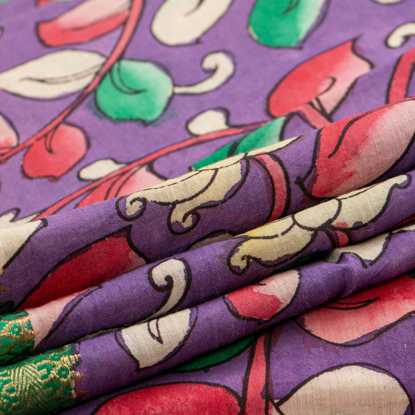 Dasavatharam Themed Purple And Green Handpainted Kalamkari Mangalgiri Silk Saree For Office Wear PV KMS SRK 108