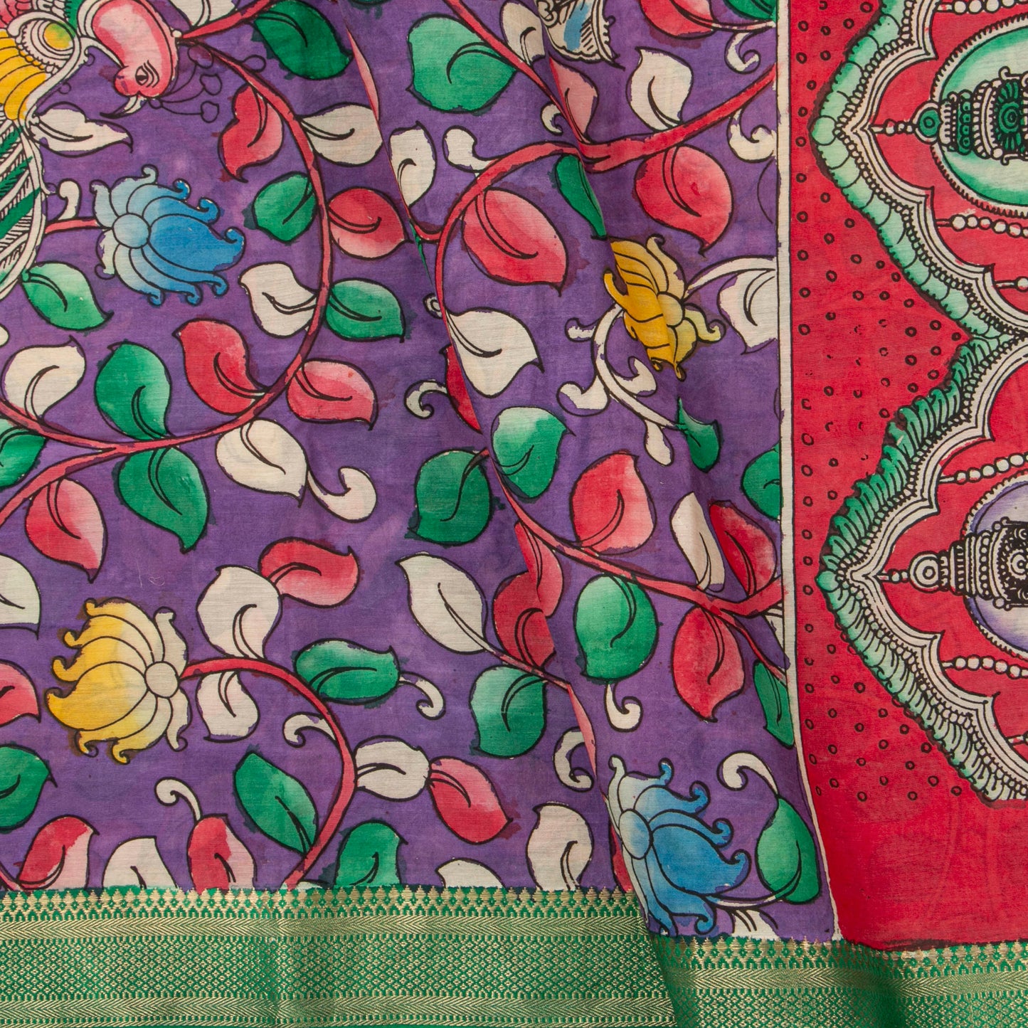 Dasavatharam Themed Purple And Green Handpainted Kalamkari Mangalgiri Silk Saree For Office Wear PV KMS SRK 108