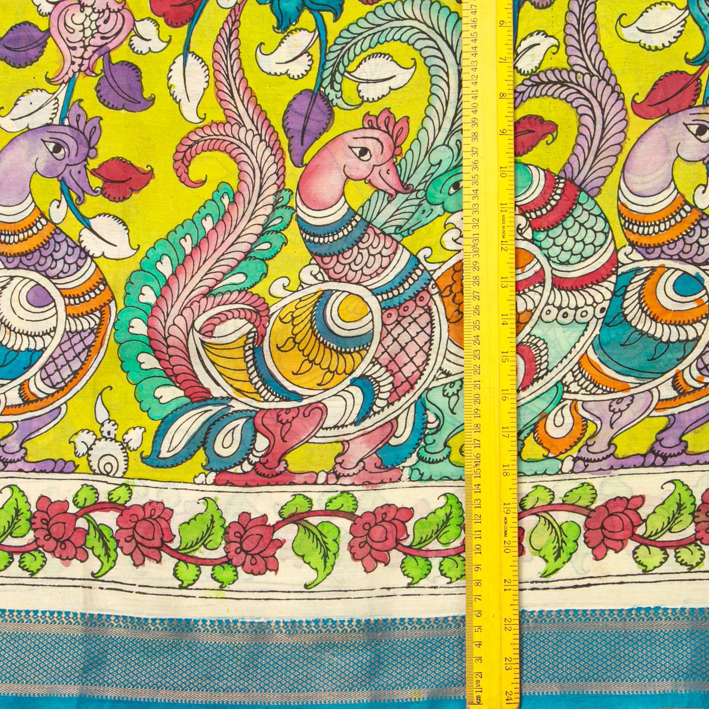 Yellow And Blue Handpainted Kalamkari Mangalgiri Silk Saree For Office Wear PV KMS SRK 107