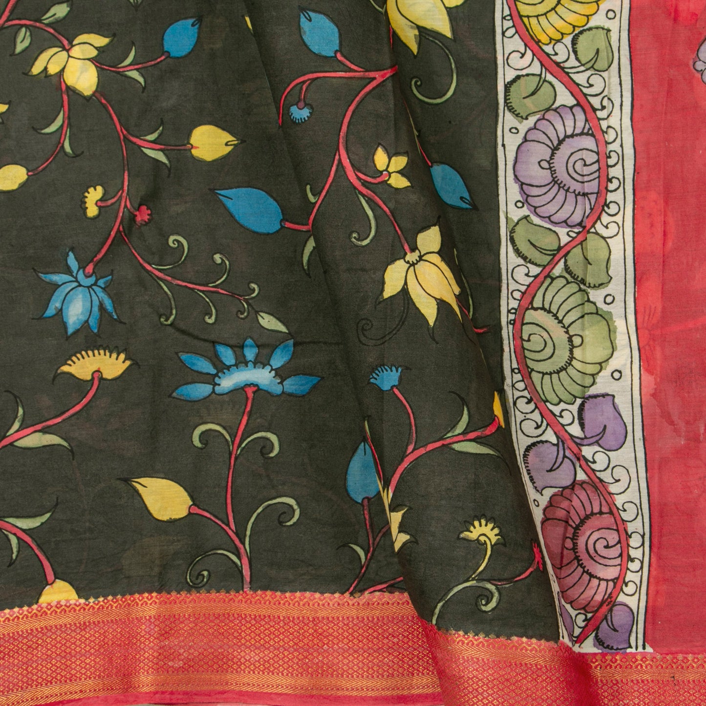 Dark Green And Red Handpainted Kalamkari Mangalgiri Silk Saree For Office Wear PV KMS SRK 101