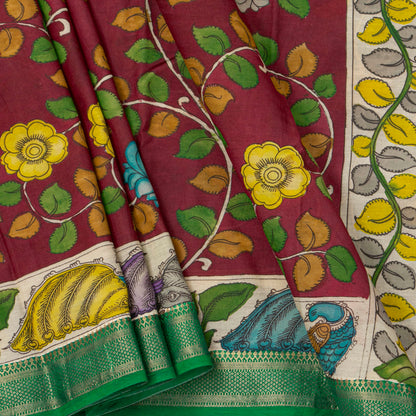 Maroon And Teal Handpainted Kalamkari Mangalgiri Silk Saree PV KMS SRK 105