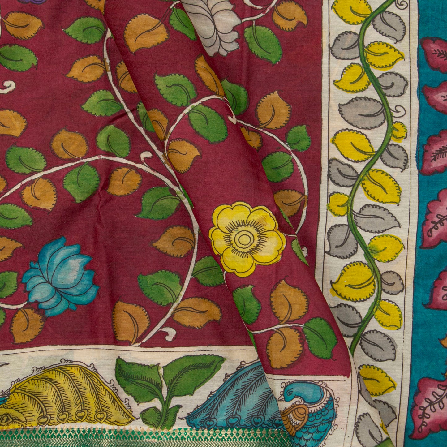 Maroon And Teal Handpainted Kalamkari Mangalgiri Silk Saree PV KMS SRK 105