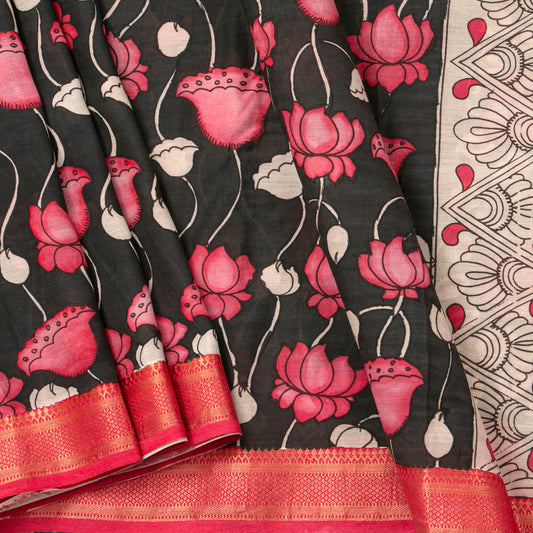 Black And Pink Handpainted Kalamkari Mangalgiri Silk Saree For Office Wear PV KMS SRK 106
