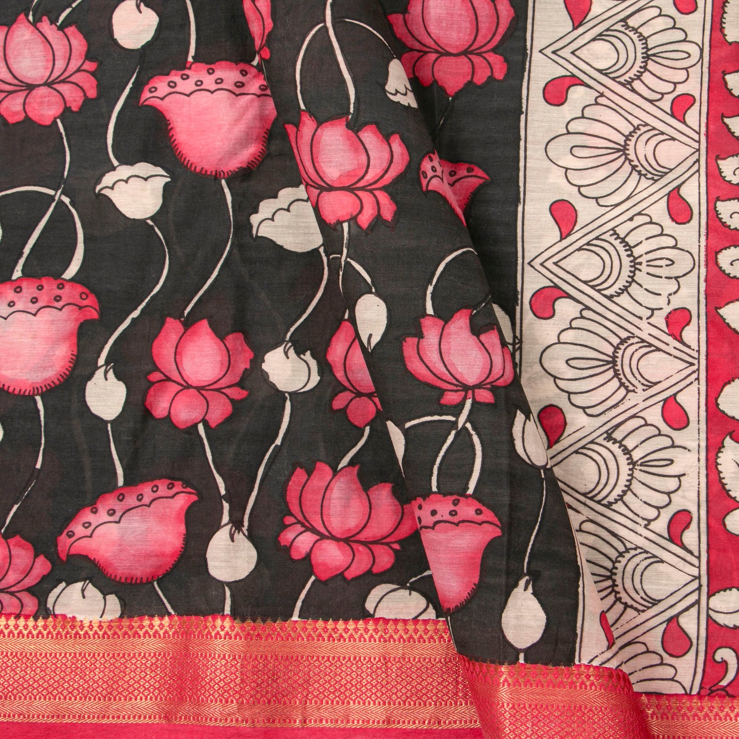 Black And Pink Handpainted Kalamkari Mangalgiri Silk Saree For Office Wear PV KMS SRK 106