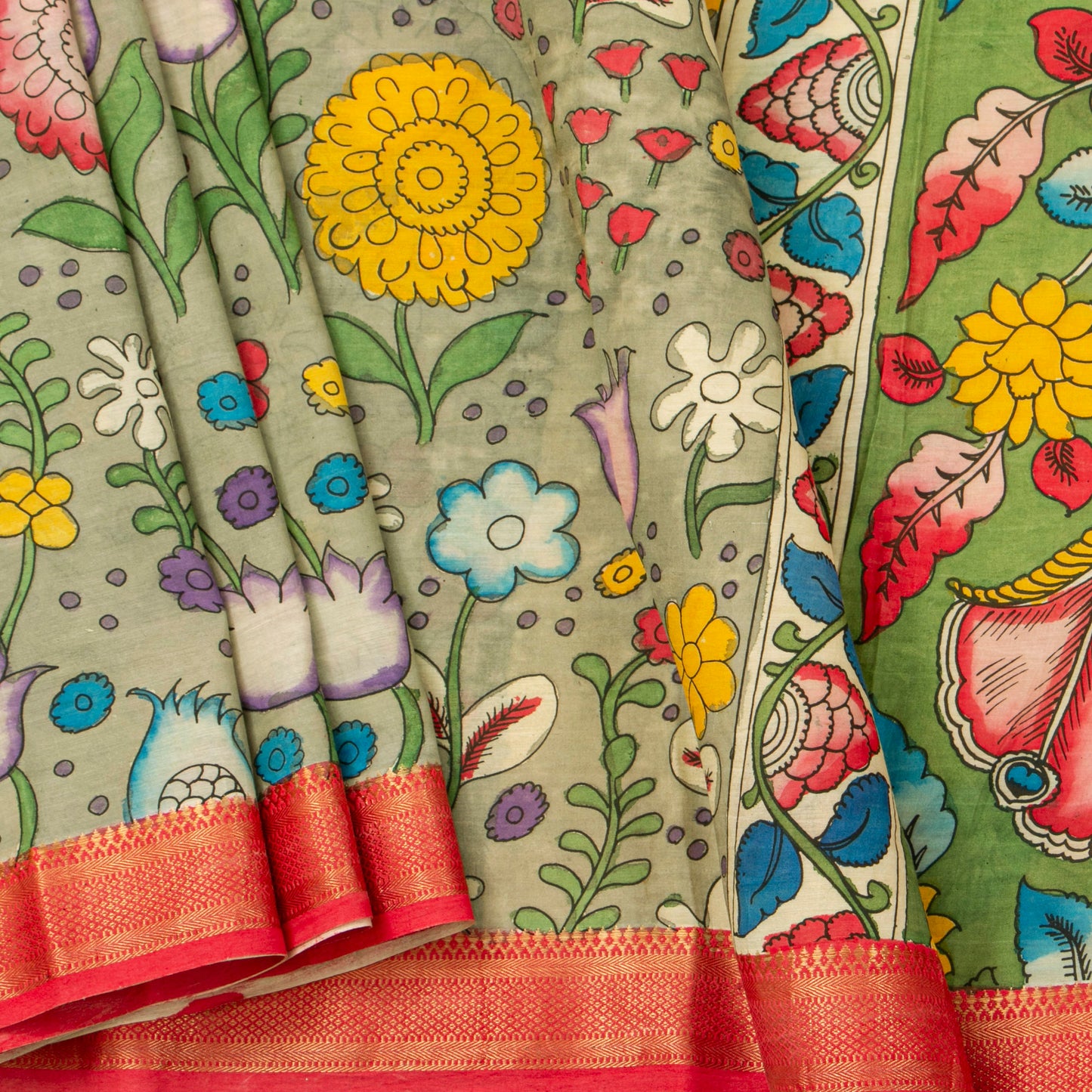 Green And Orange Handpainted Kalamkari Mangalgiri Silk Saree For Office Wear PV KMS SRK 104