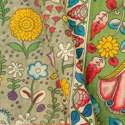 Green And Orange Handpainted Kalamkari Mangalgiri Silk Saree For Office Wear PV KMS SRK 104