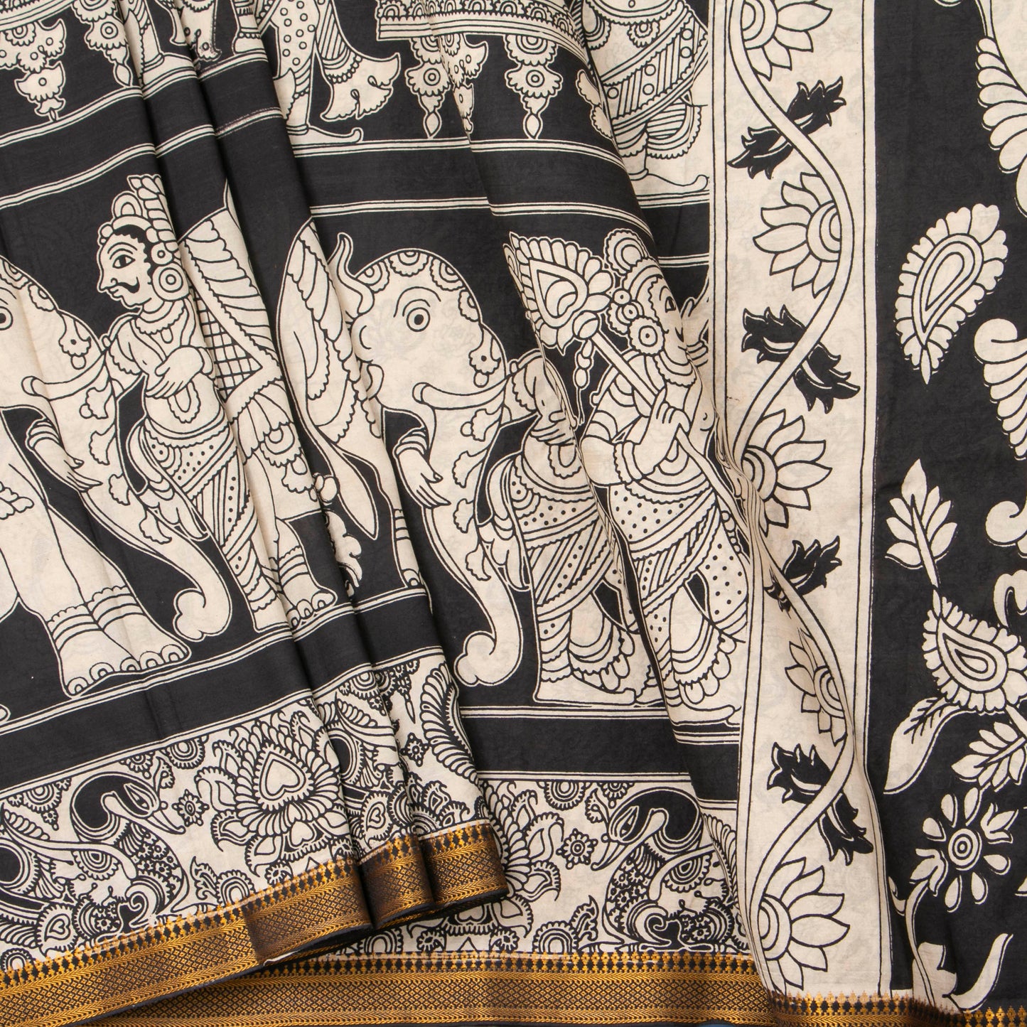 Monochrome Kalamkari Mangalgiri Silk Saree For Office Wear PV MG 121