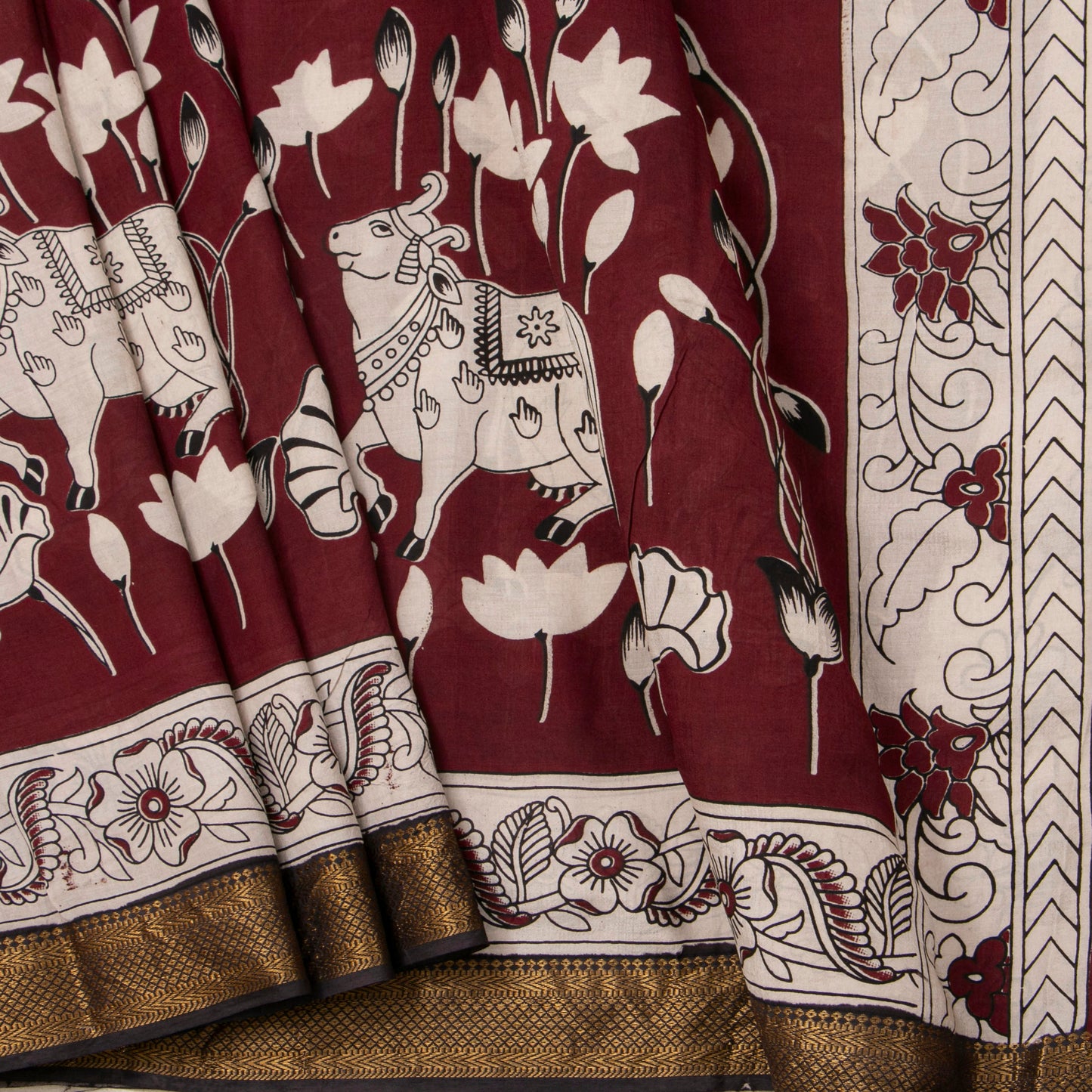 Maroon And Black Kalamkari Mangalgiri Silk Saree For Office Wear PV MG 120