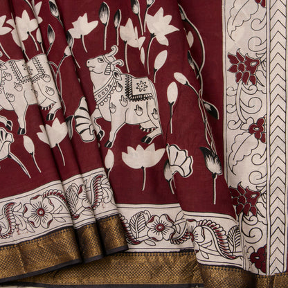 Maroon And Black Kalamkari Mangalgiri Silk Saree For Office Wear PV MG 120