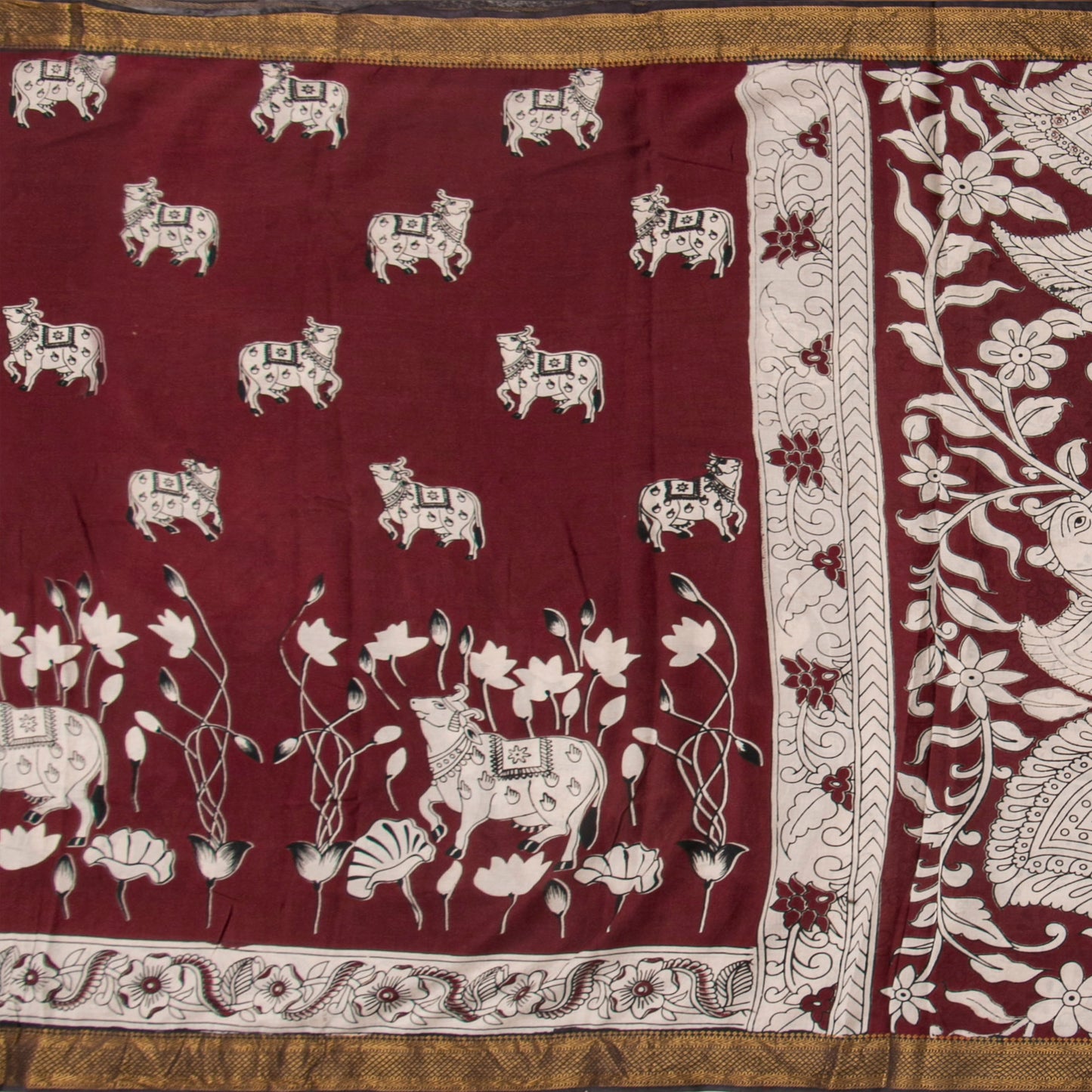 Maroon And Black Kalamkari Mangalgiri Silk Saree For Office Wear PV MG 120