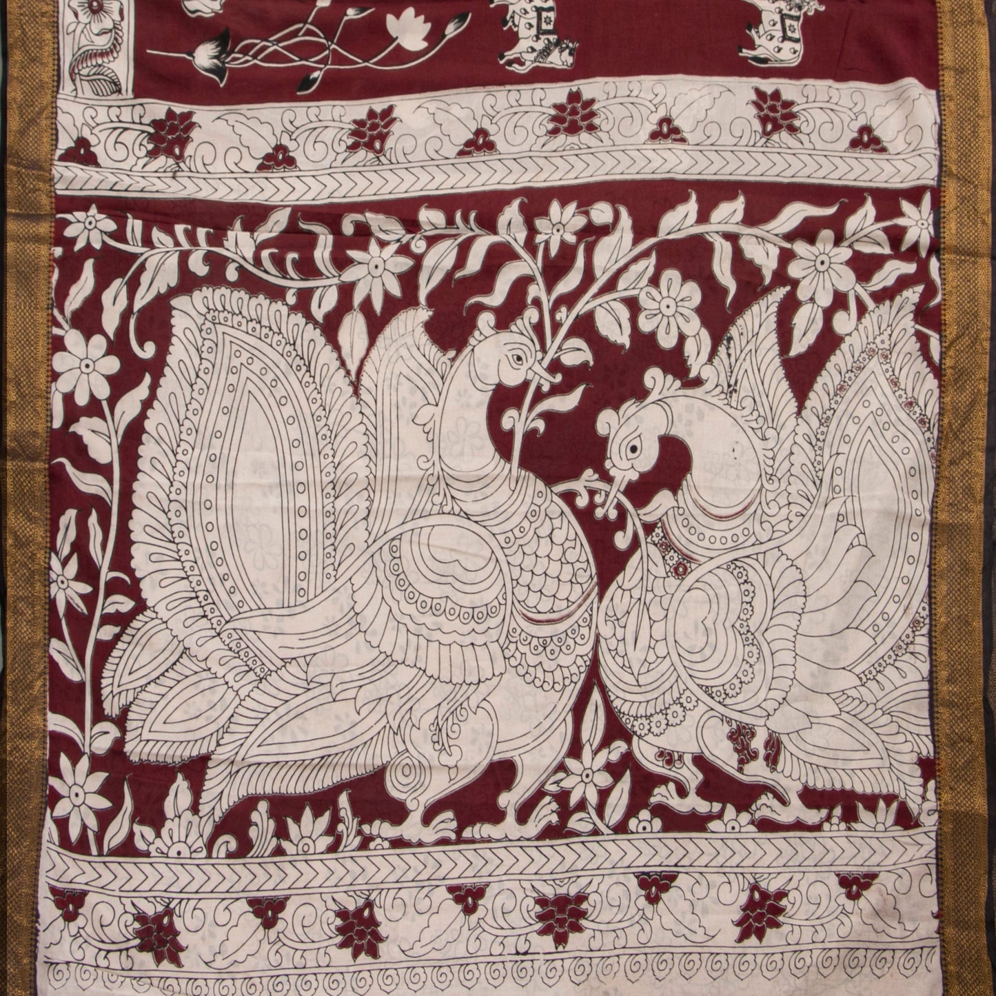 Maroon And Black Kalamkari Mangalgiri Silk Saree For Office Wear PV MG 120