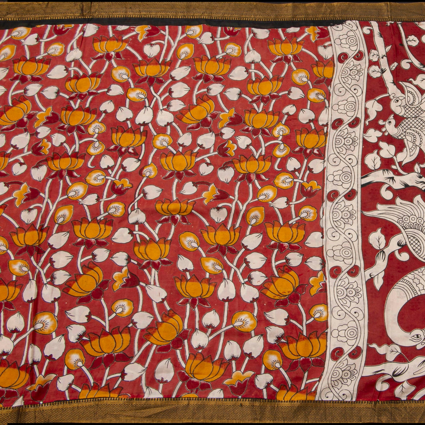 Red And Black Kalamkari Mangalgiri Silk Saree For Office Wear PV MG 112