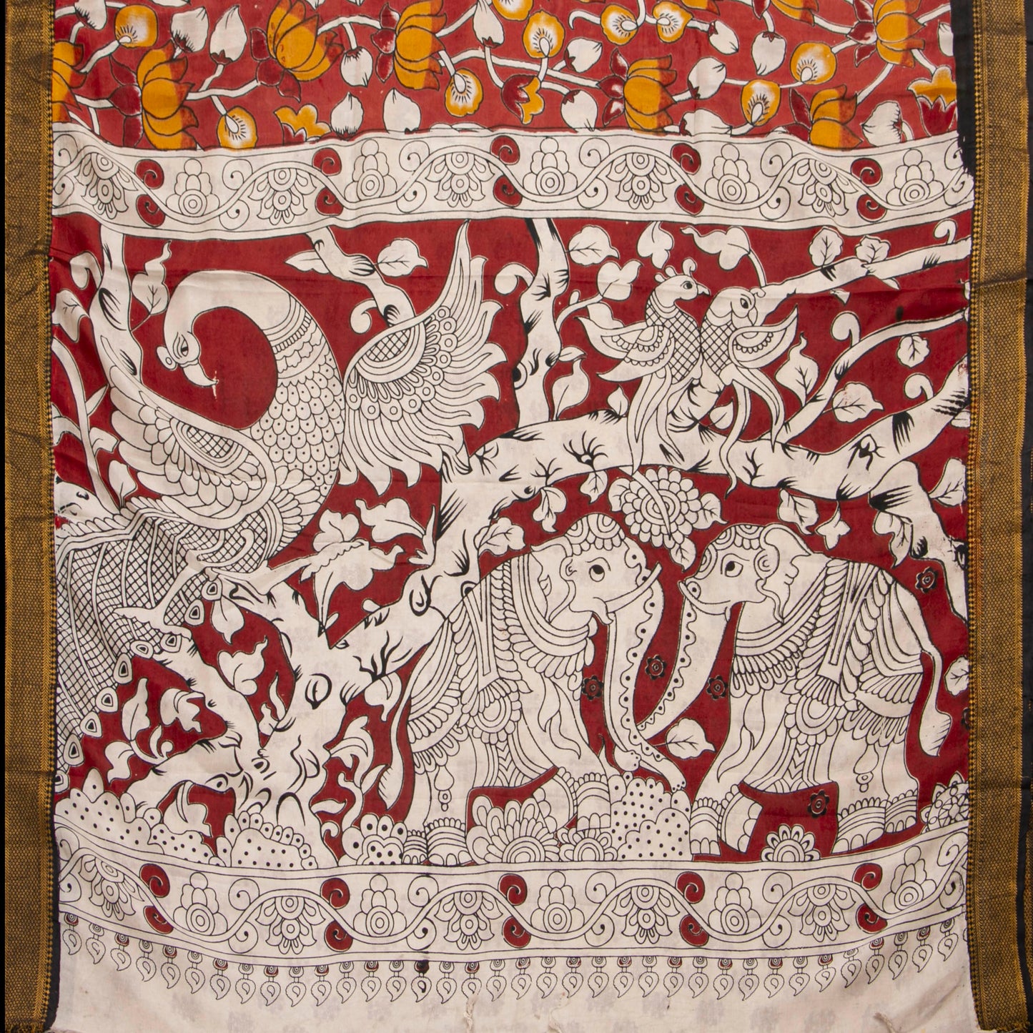 Red And Black Kalamkari Mangalgiri Silk Saree For Office Wear PV MG 112