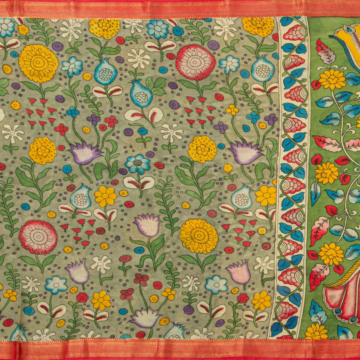 Green And Orange Handpainted Kalamkari Mangalgiri Silk Saree For Office Wear PV KMS SRK 104