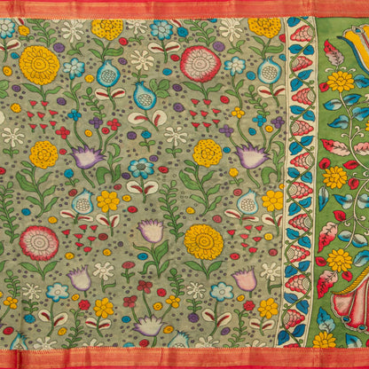Green And Orange Handpainted Kalamkari Mangalgiri Silk Saree For Office Wear PV KMS SRK 104
