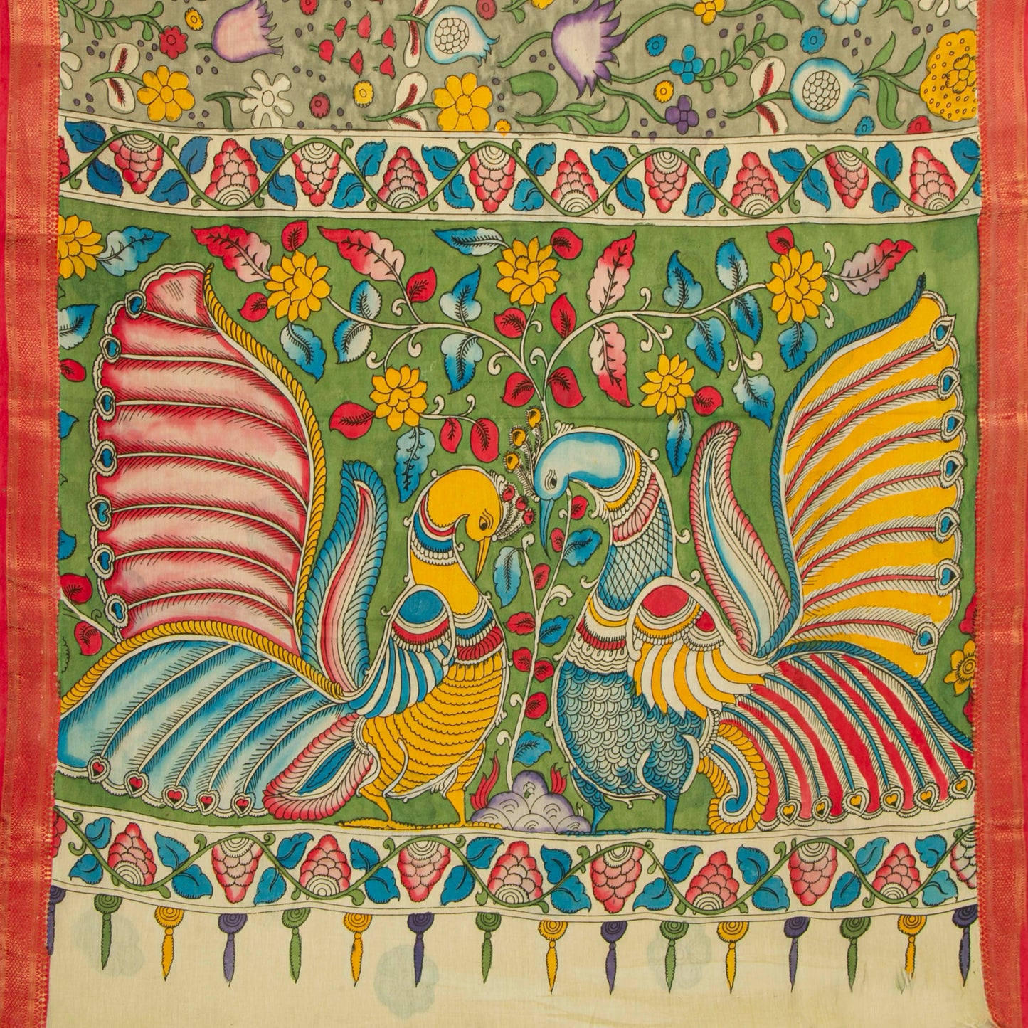 Green And Orange Handpainted Kalamkari Mangalgiri Silk Saree For Office Wear PV KMS SRK 104
