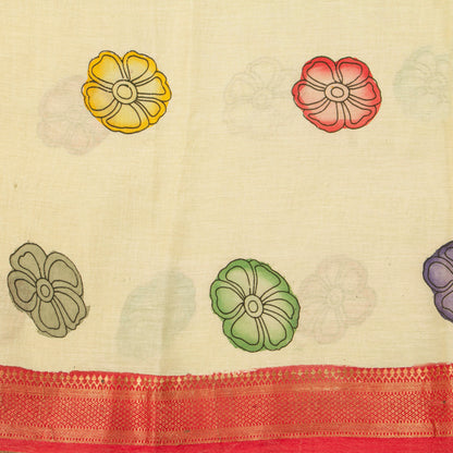 Green And Orange Handpainted Kalamkari Mangalgiri Silk Saree For Office Wear PV KMS SRK 104