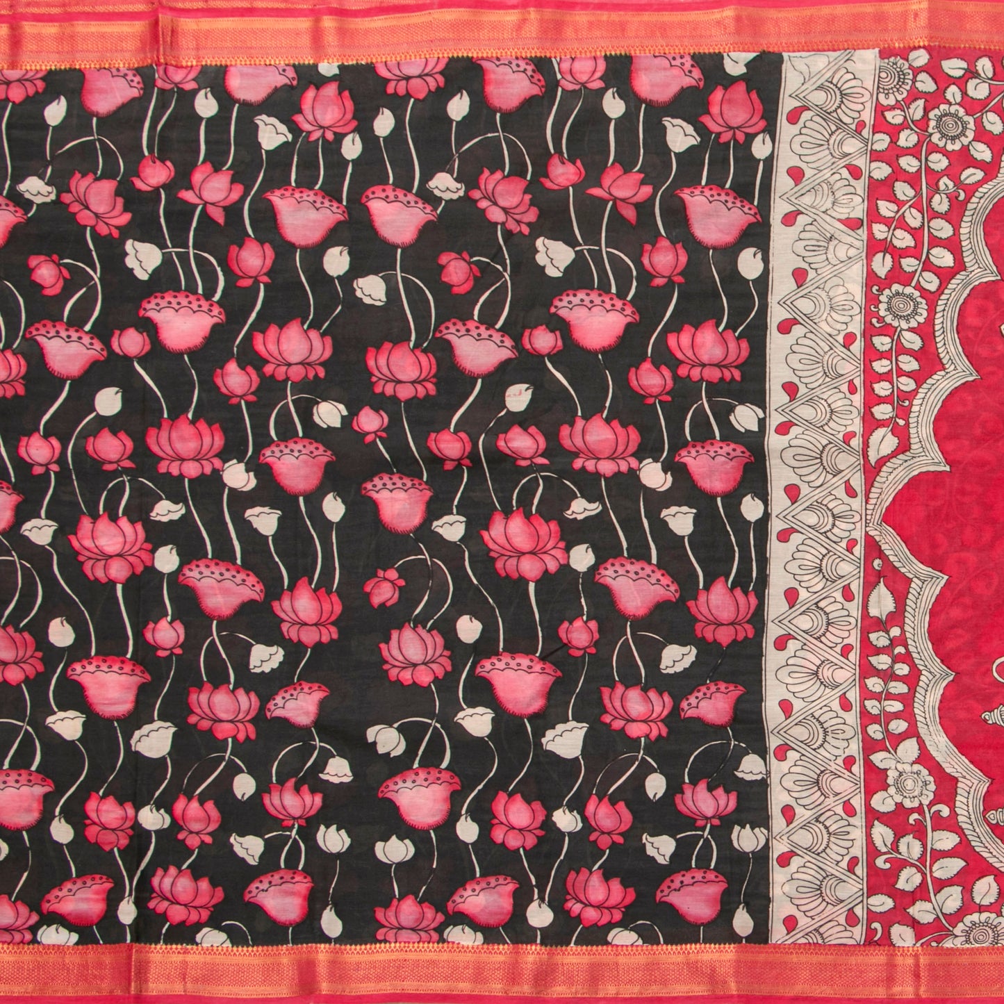Black And Pink Handpainted Kalamkari Mangalgiri Silk Saree For Office Wear PV KMS SRK 106