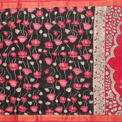 Black And Pink Handpainted Kalamkari Mangalgiri Silk Saree For Office Wear PV KMS SRK 106