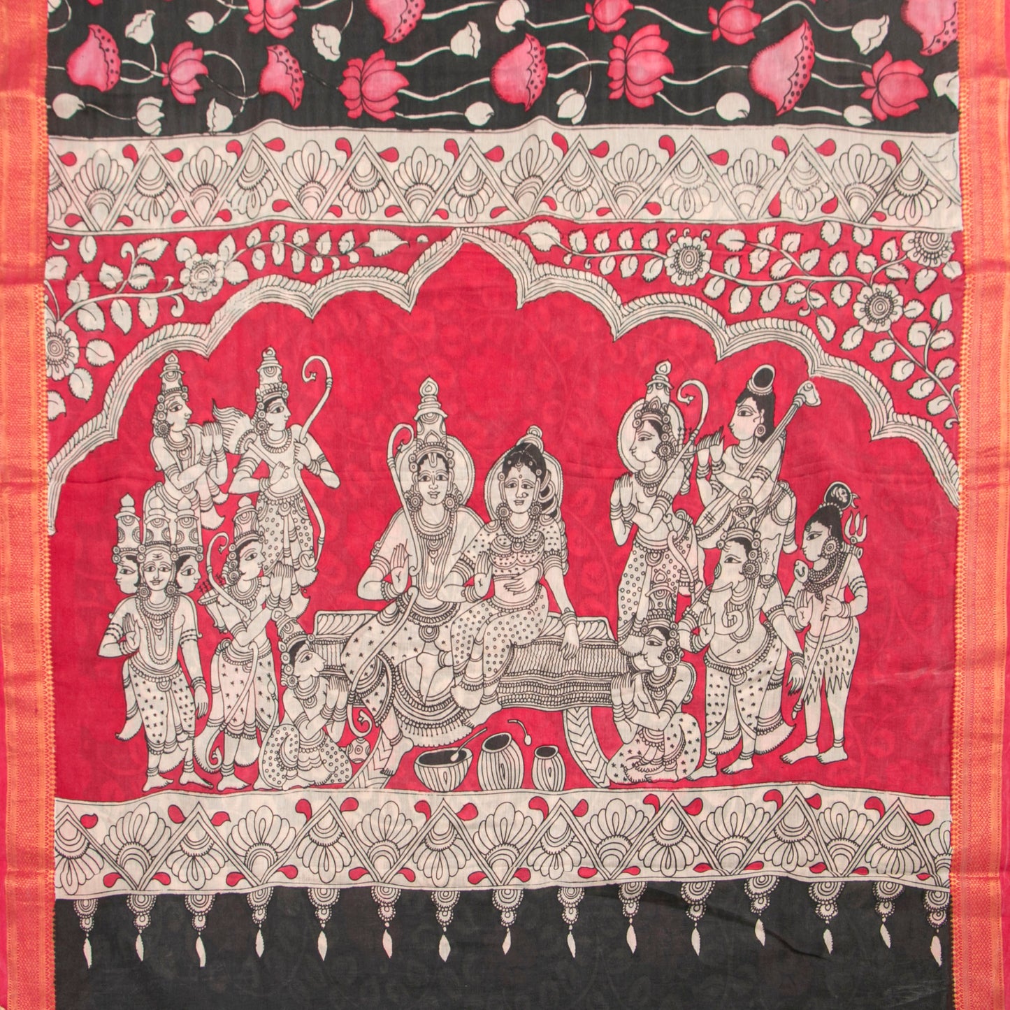 Black And Pink Handpainted Kalamkari Mangalgiri Silk Saree For Office Wear PV KMS SRK 106