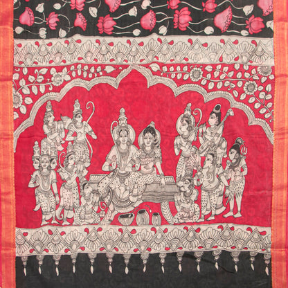 Black And Pink Handpainted Kalamkari Mangalgiri Silk Saree For Office Wear PV KMS SRK 106