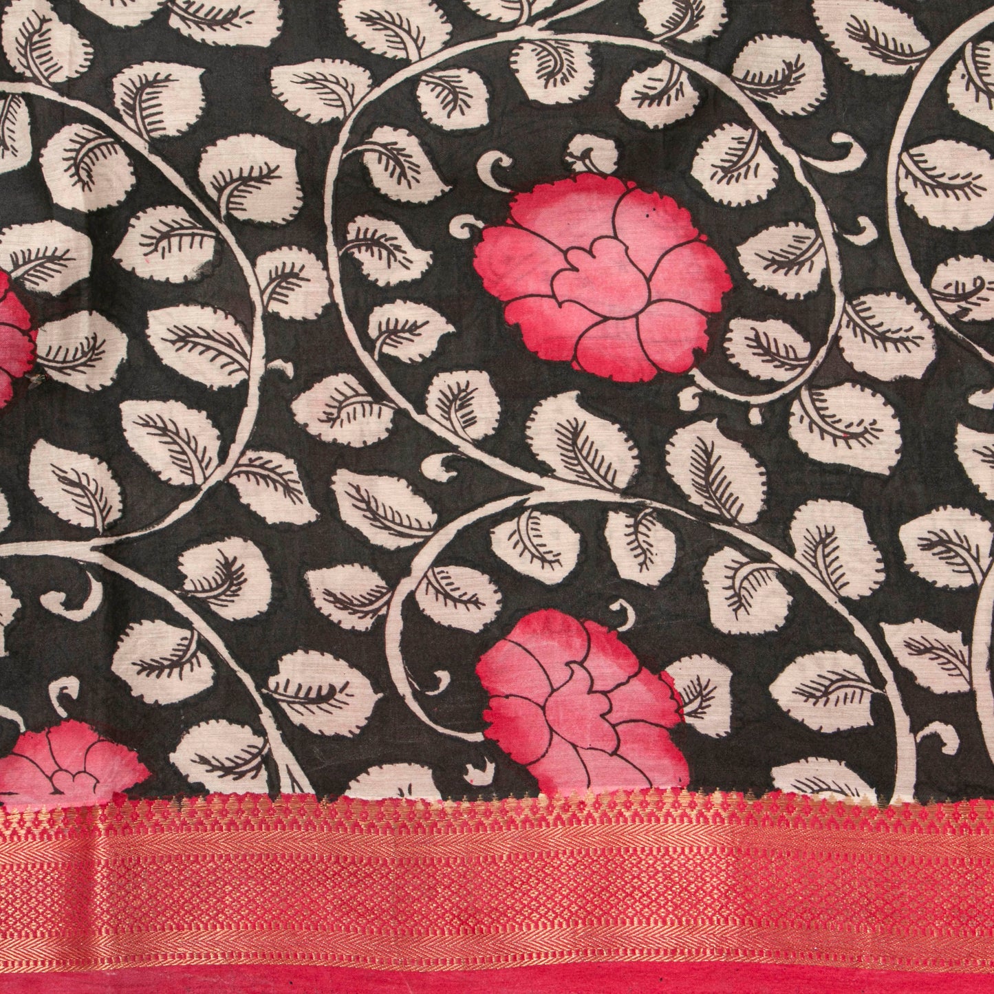 Black And Pink Handpainted Kalamkari Mangalgiri Silk Saree For Office Wear PV KMS SRK 106