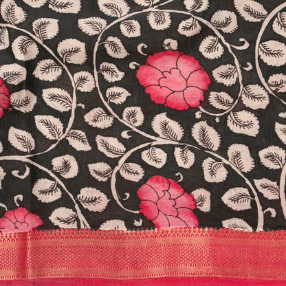 Black And Pink Handpainted Kalamkari Mangalgiri Silk Saree For Office Wear PV KMS SRK 106