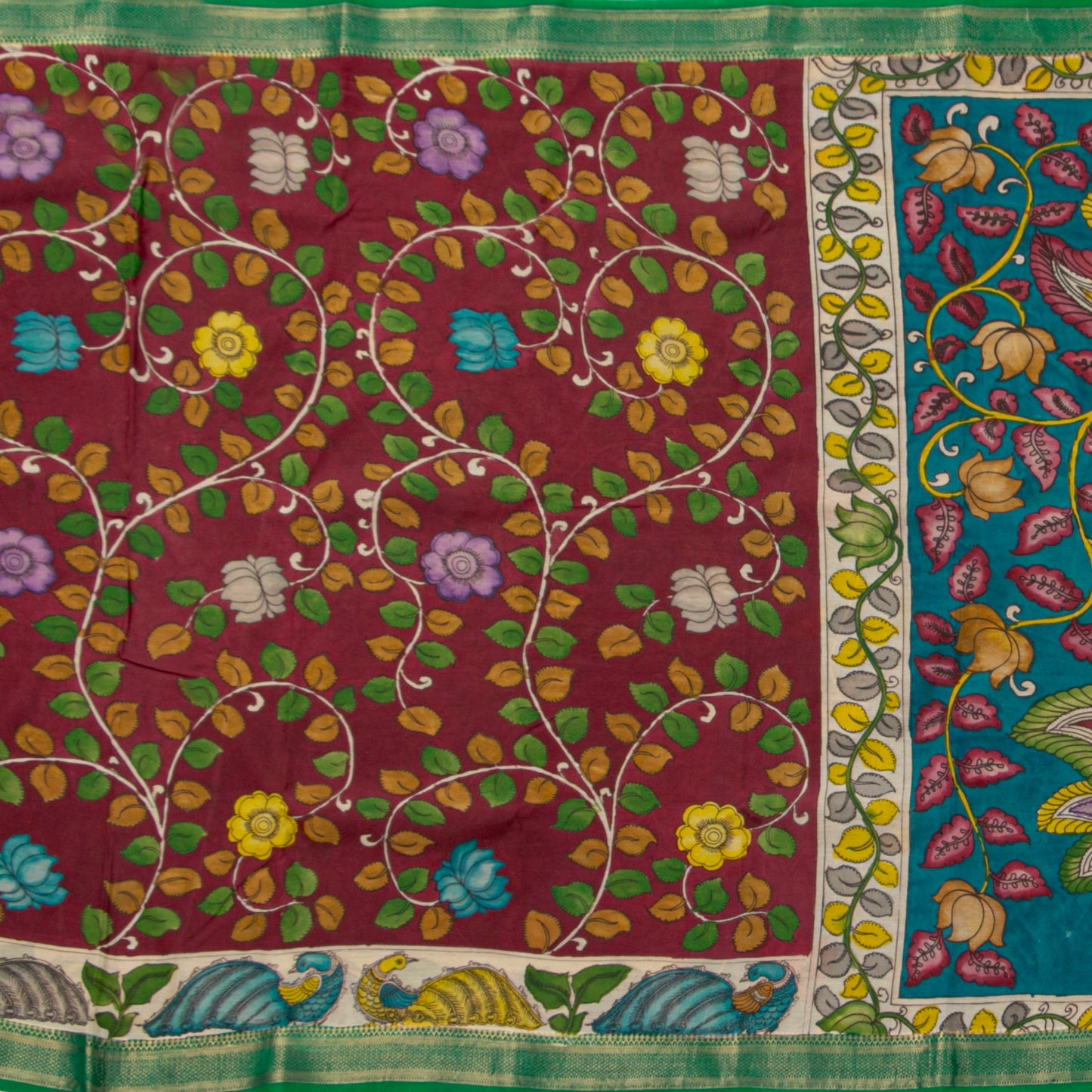 Maroon And Teal Handpainted Kalamkari Mangalgiri Silk Saree PV KMS SRK 105
