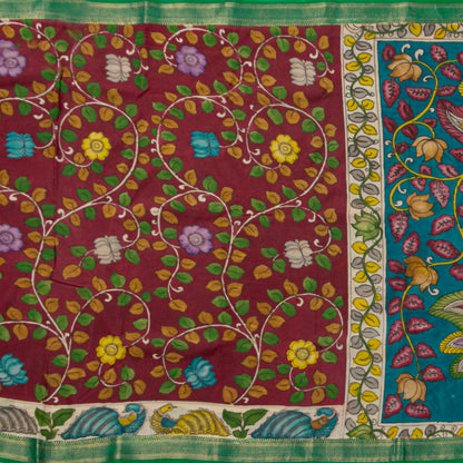 Maroon And Teal Handpainted Kalamkari Mangalgiri Silk Saree PV KMS SRK 105