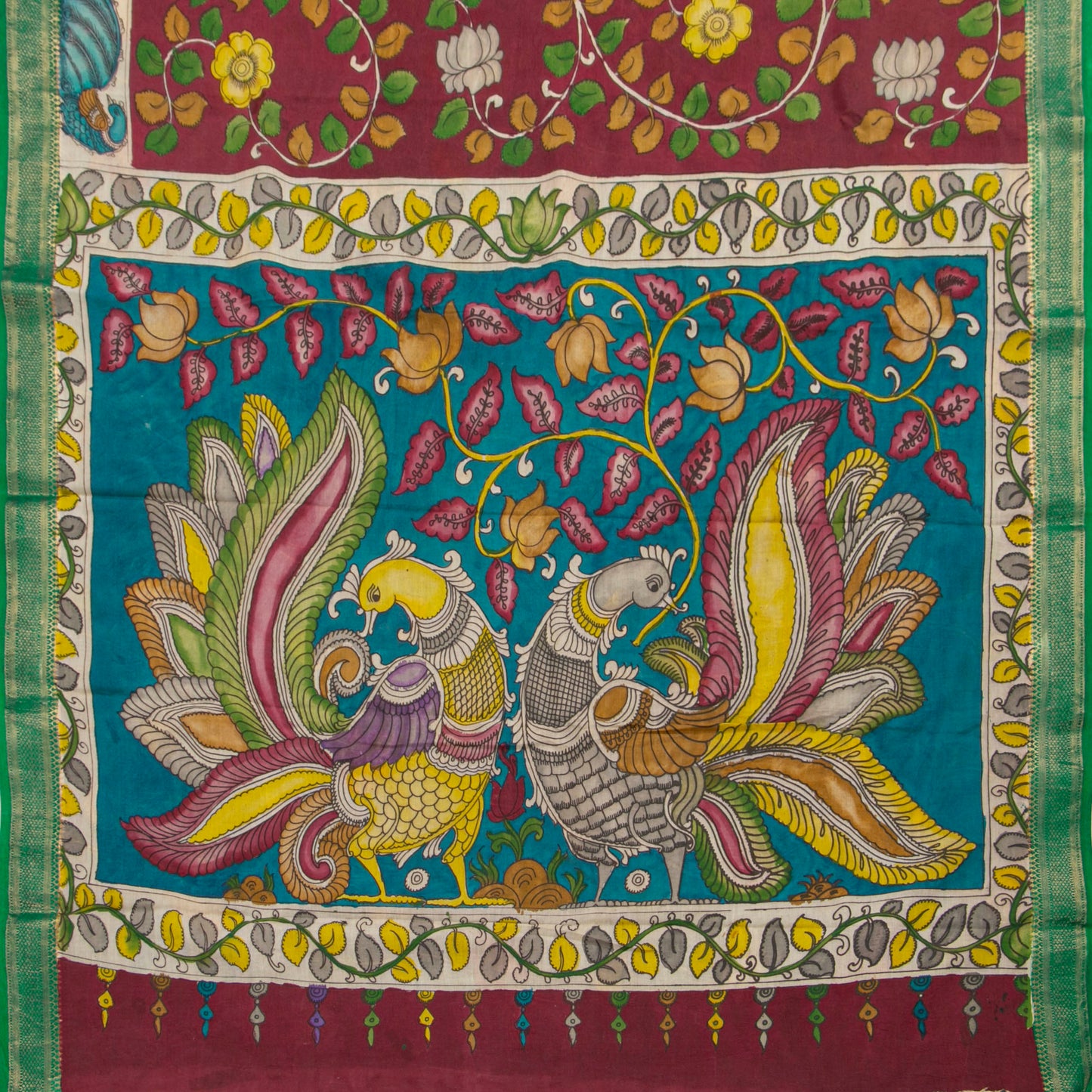 Maroon And Teal Handpainted Kalamkari Mangalgiri Silk Saree PV KMS SRK 105