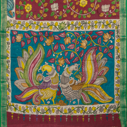 Maroon And Teal Handpainted Kalamkari Mangalgiri Silk Saree PV KMS SRK 105