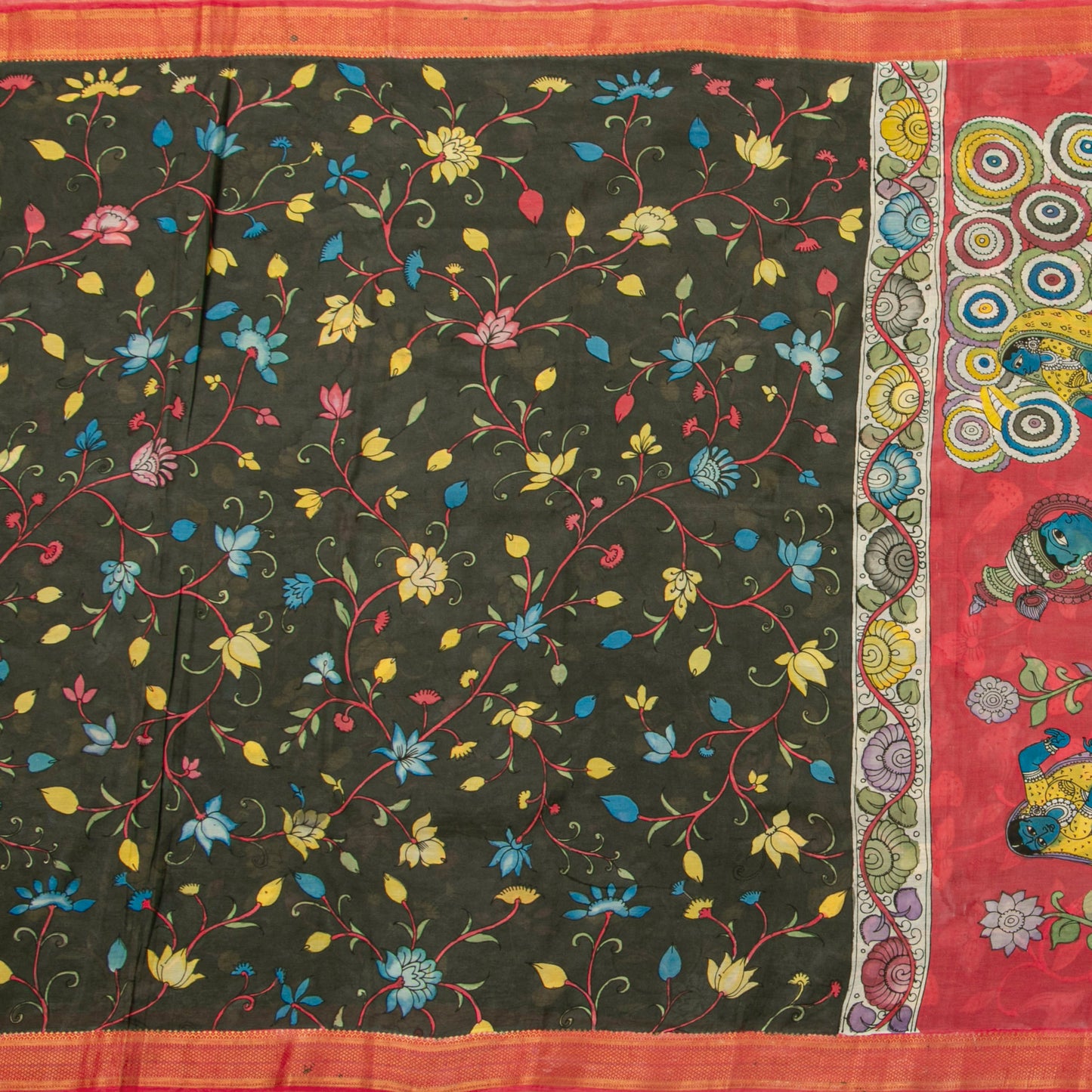 Dark Green And Red Handpainted Kalamkari Mangalgiri Silk Saree For Office Wear PV KMS SRK 101