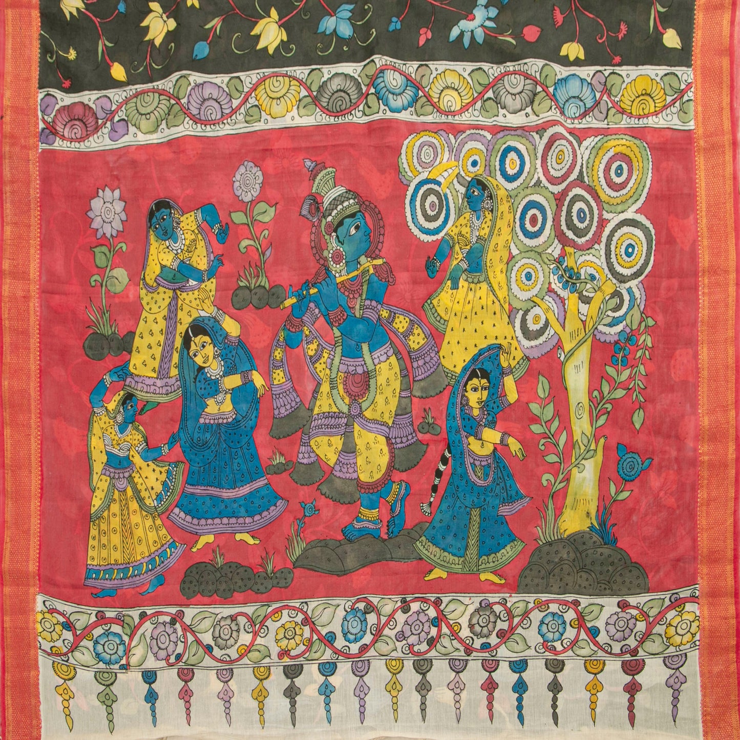 Dark Green And Red Handpainted Kalamkari Mangalgiri Silk Saree For Office Wear PV KMS SRK 101