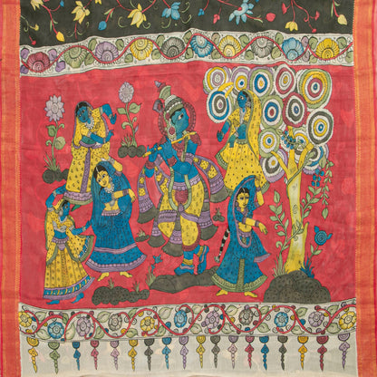 Dark Green And Red Handpainted Kalamkari Mangalgiri Silk Saree For Office Wear PV KMS SRK 101