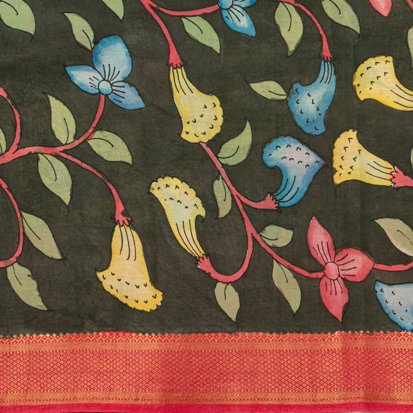 Dark Green And Red Handpainted Kalamkari Mangalgiri Silk Saree For Office Wear PV KMS SRK 101