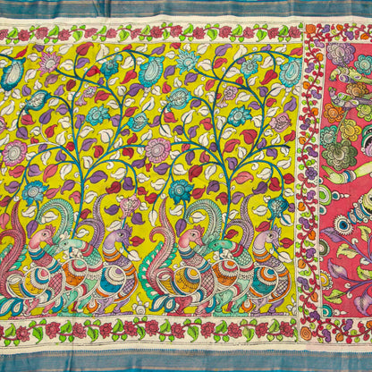Yellow And Blue Handpainted Kalamkari Mangalgiri Silk Saree For Office Wear PV KMS SRK 107