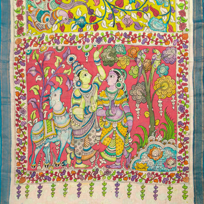 Yellow And Blue Handpainted Kalamkari Mangalgiri Silk Saree For Office Wear PV KMS SRK 107