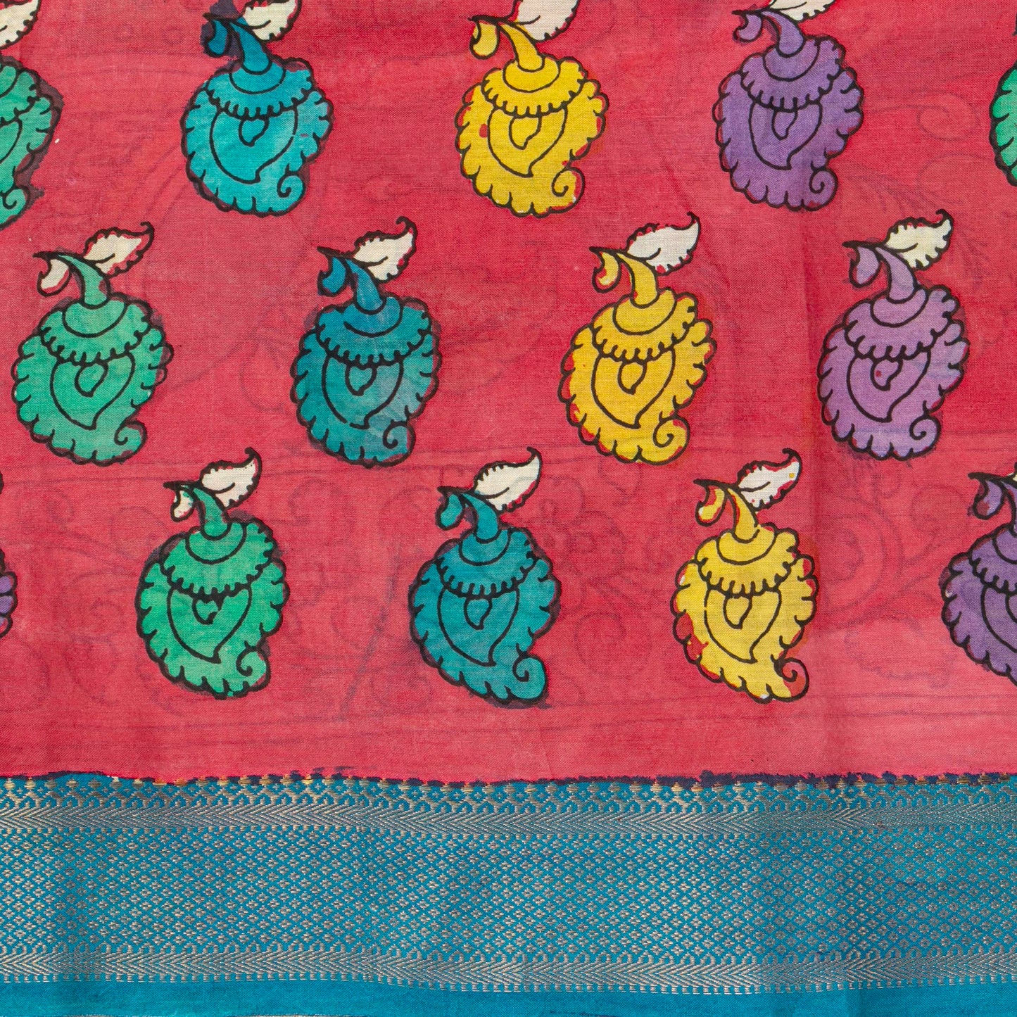 Yellow And Blue Handpainted Kalamkari Mangalgiri Silk Saree For Office Wear PV KMS SRK 107