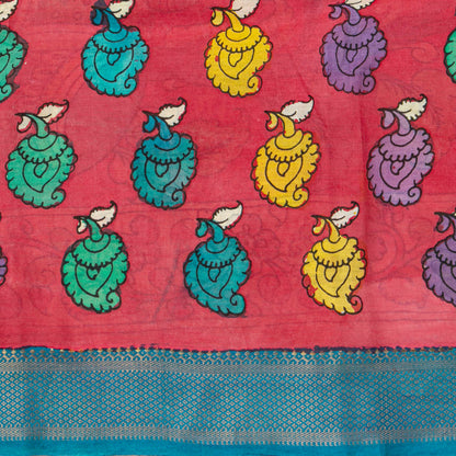 Yellow And Blue Handpainted Kalamkari Mangalgiri Silk Saree For Office Wear PV KMS SRK 107