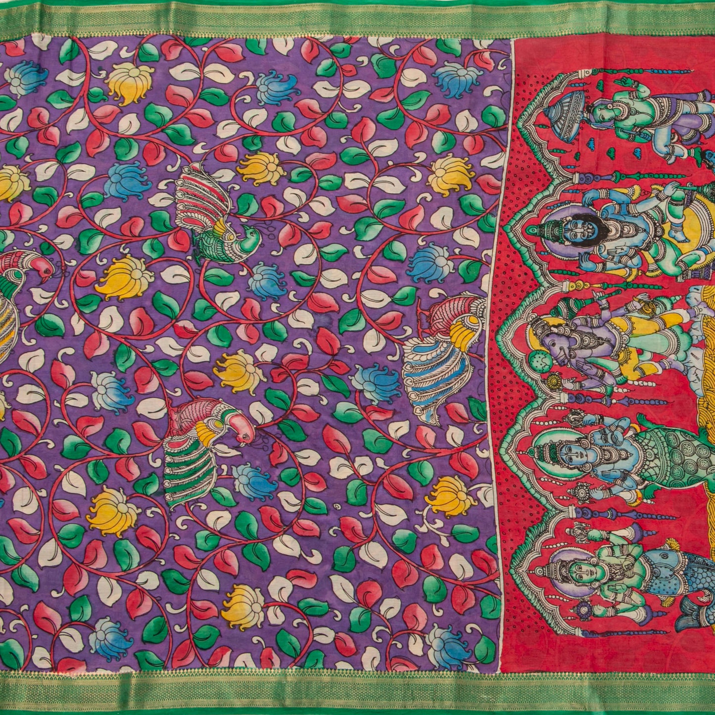 Dasavatharam Themed Purple And Green Handpainted Kalamkari Mangalgiri Silk Saree For Office Wear PV KMS SRK 108