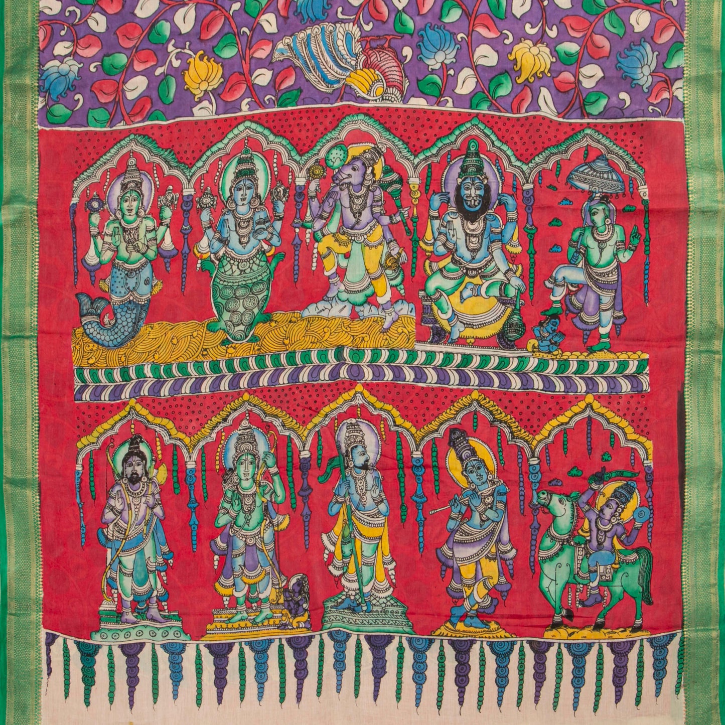 Dasavatharam Themed Purple And Green Handpainted Kalamkari Mangalgiri Silk Saree For Office Wear PV KMS SRK 108