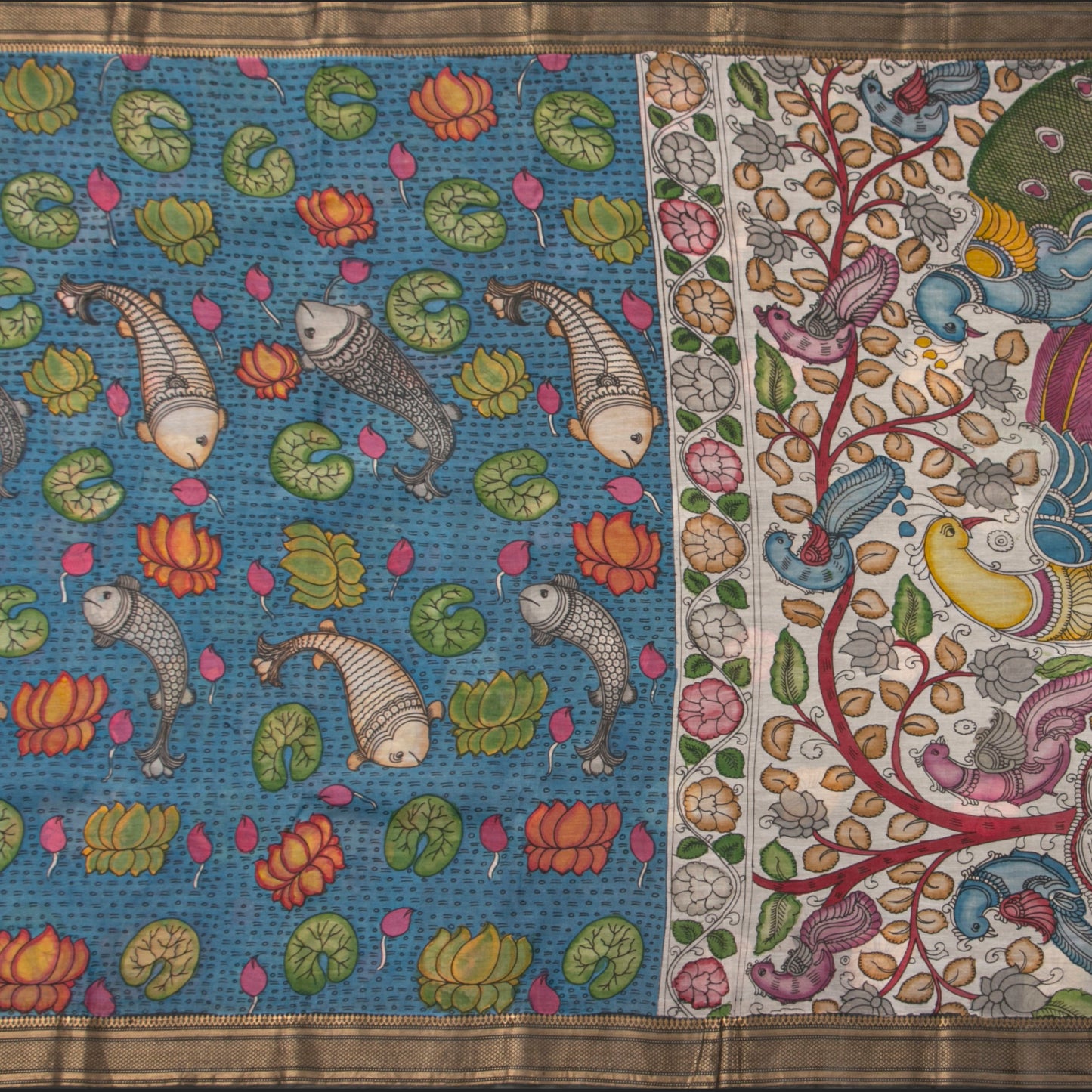 Blue Handpainted Kalamkari Mangalgiri Silk Saree PV KMS SRK 102