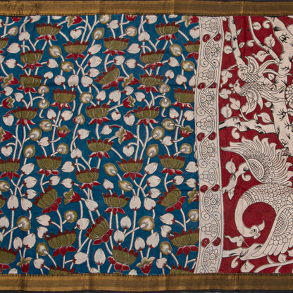 Blue Handpainted Kalamkari Mangalgiri Silk Saree For Office Wear PV MG 115