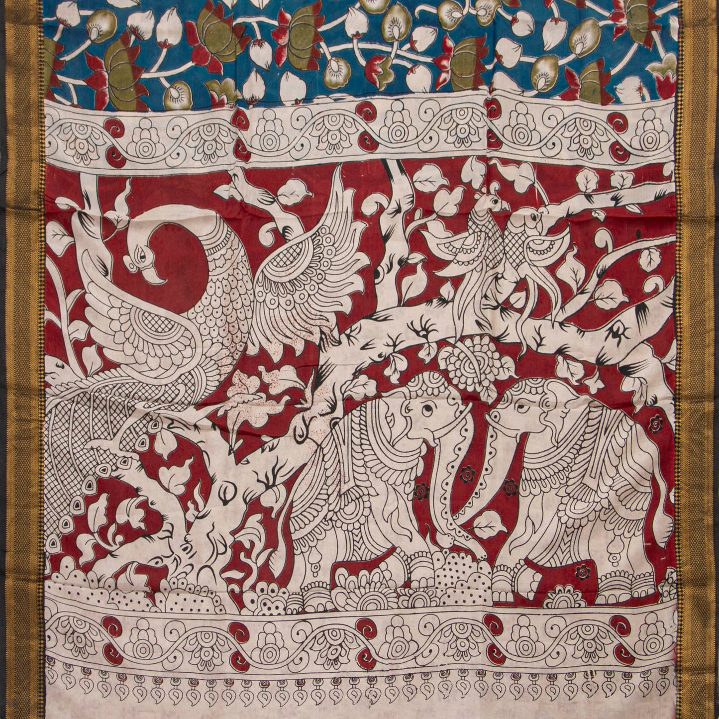 Blue Handpainted Kalamkari Mangalgiri Silk Saree For Office Wear PV MG 115