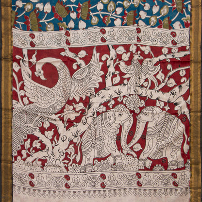 Blue Handpainted Kalamkari Mangalgiri Silk Saree For Office Wear PV MG 115