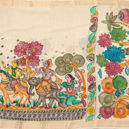 Off White Handpainted Kalamkari Mangalgiri Silk Saree For Office Wear PK MS 84