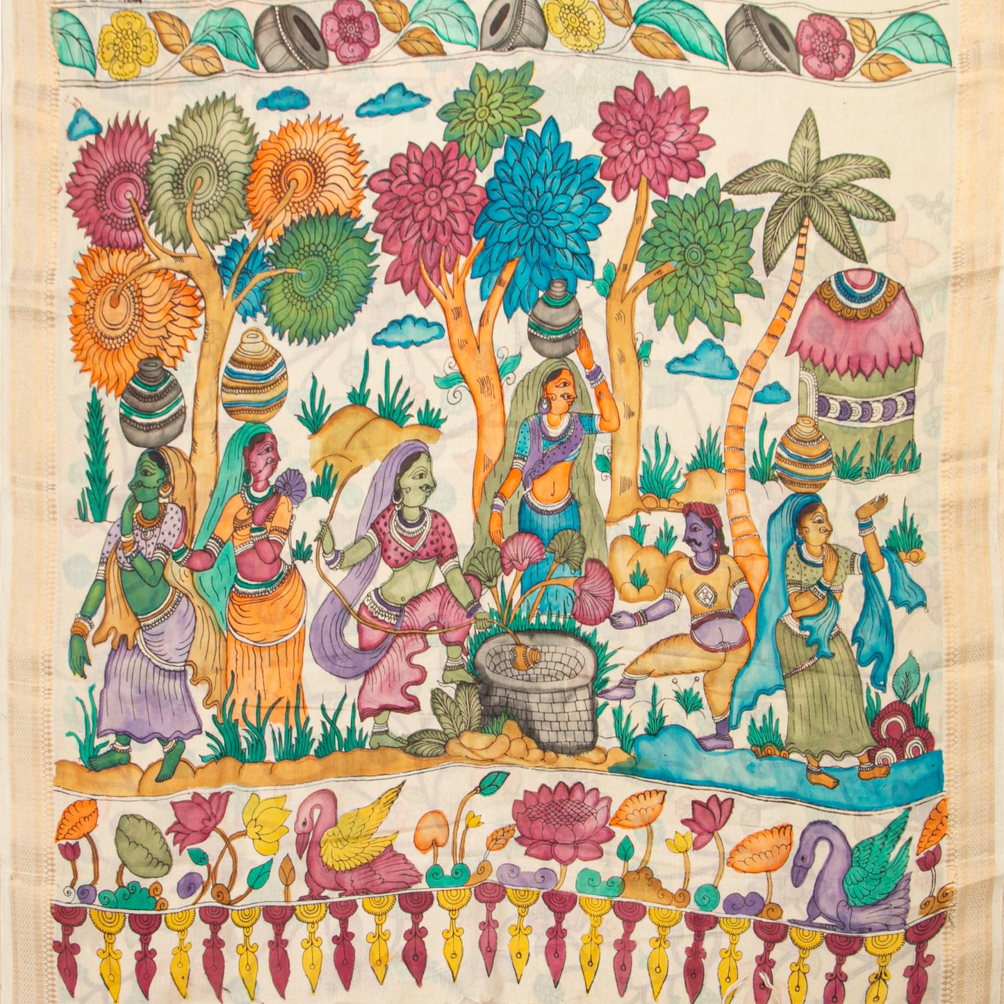 Off White Handpainted Kalamkari Mangalgiri Silk Saree For Office Wear PK MS 84
