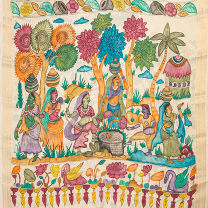 Off White Handpainted Kalamkari Mangalgiri Silk Saree For Office Wear PK MS 84