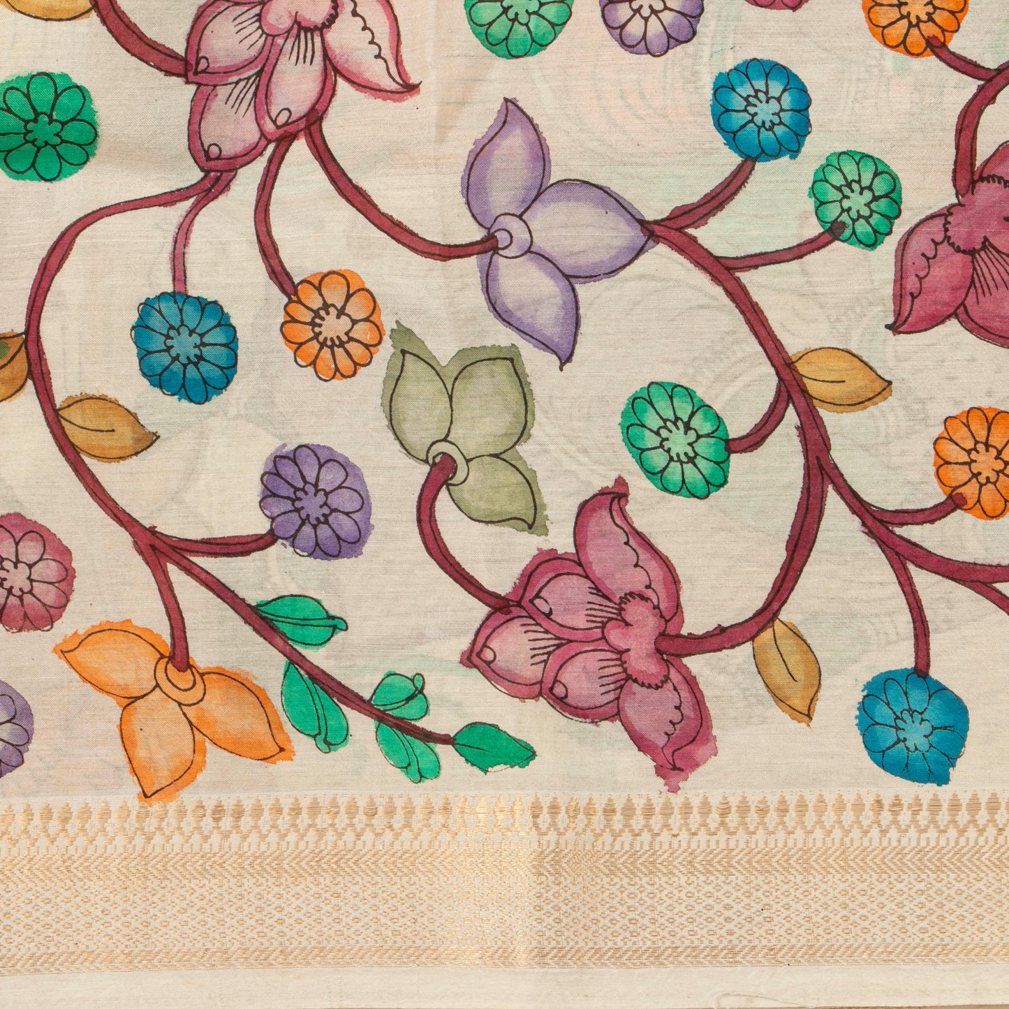 Off White Handpainted Kalamkari Mangalgiri Silk Saree For Office Wear PK MS 84